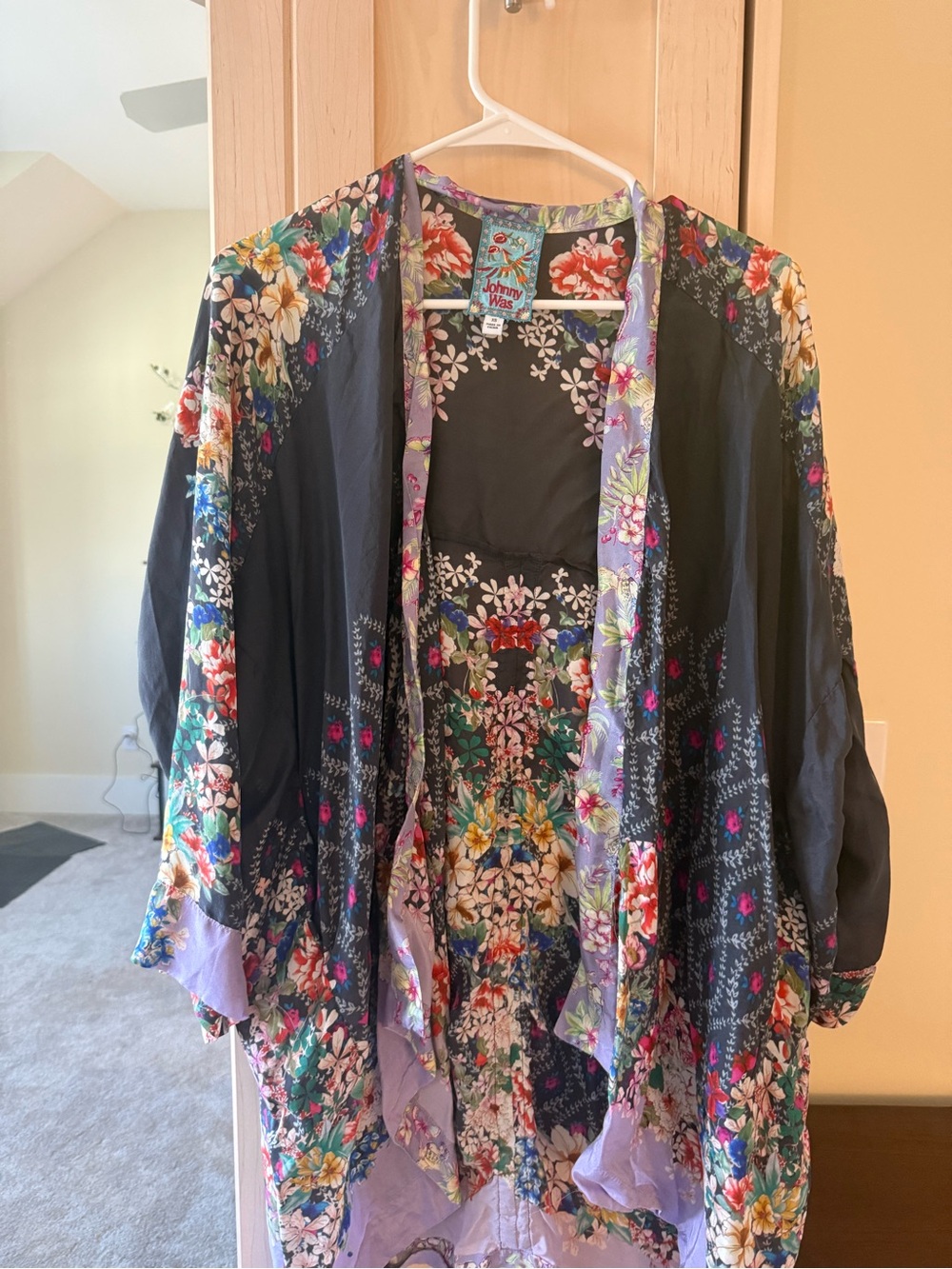 Johnny Was Floral Black and Lavender Silk Skirt